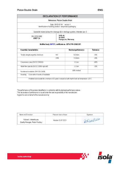 Planton Double Drain Declaration of Performance