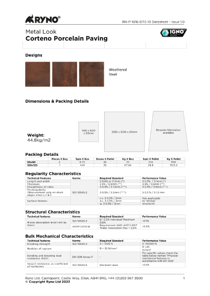 Corteno Porcelain Tiles Data Sheet