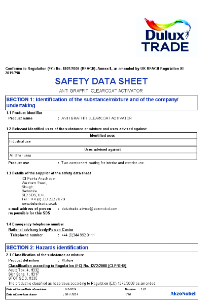 Anti Graffiti Clearcoat Safety Datasheet