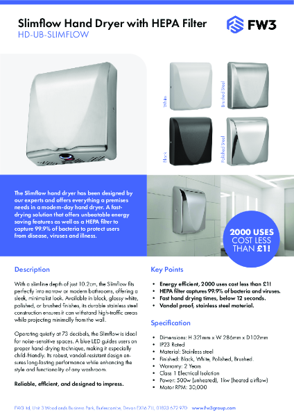 HD-UB-SLIMFLOW Hand Dryer Data Sheet Leaflet