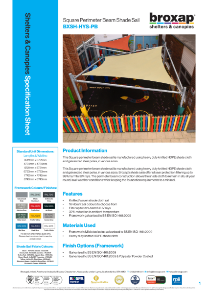 Square Perimeter Beam Shade Sail Specification Sheet