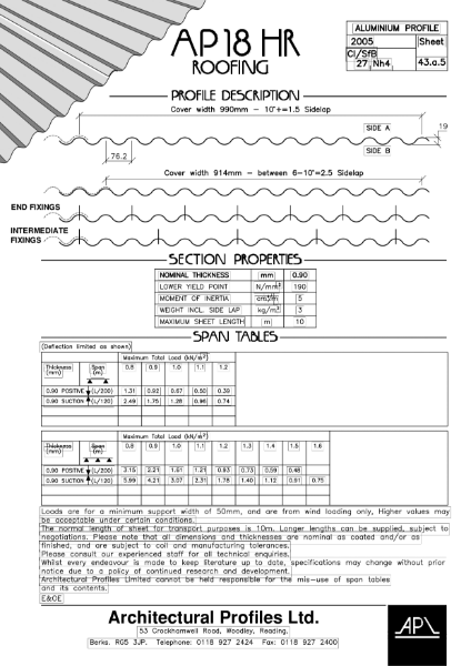 AP18HR - Aluminium - Roofing Data Sheet