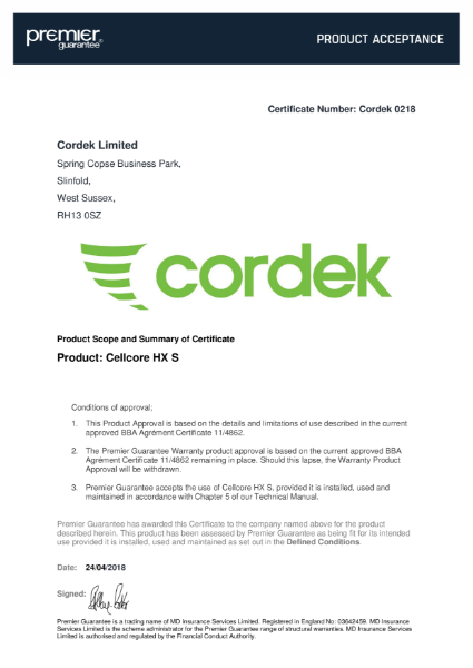 Cordek Premier Guarantee Certificate - Cellcore HXS