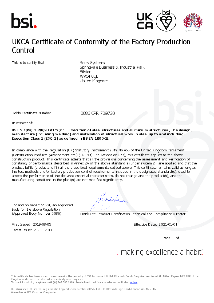 UKCA Certificate of Conformity of the Factory Production Control 