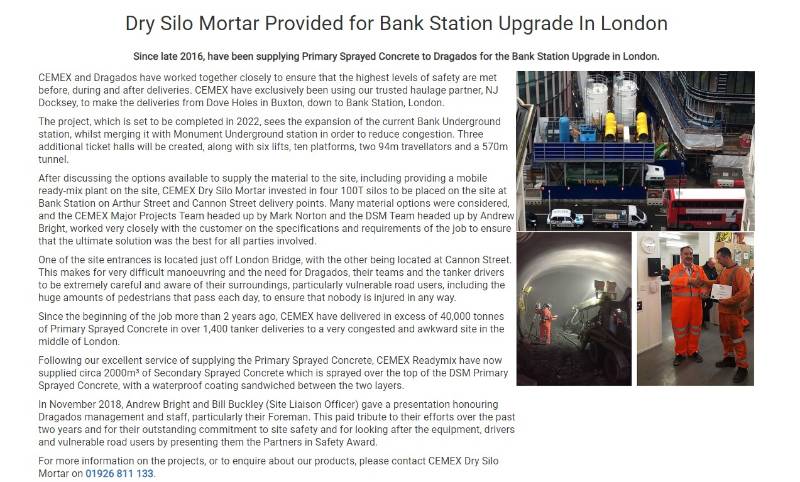 Dry Silo Mortar Provided for Bank Station Upgrade In London