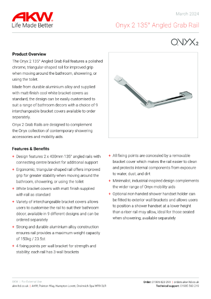 Onyx 2 135° Angled Grab Rail Spec Sheet