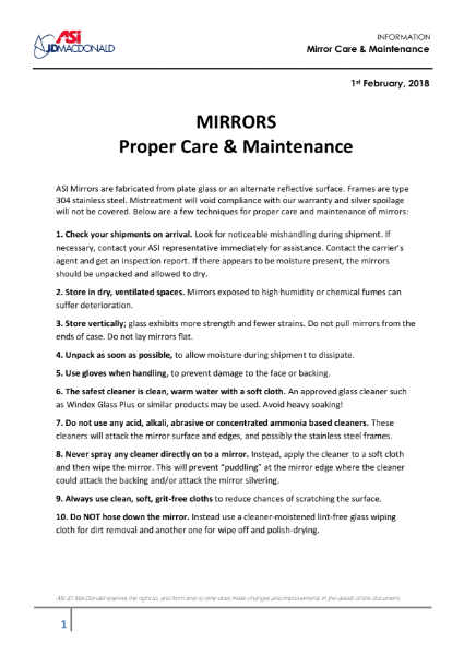 ASI JD MacDonald Mirror Care and Maintenance