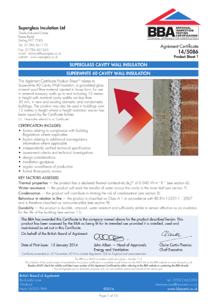 Superglass Superwhite 40 Blown Cavity Insulation - BBA Certificate