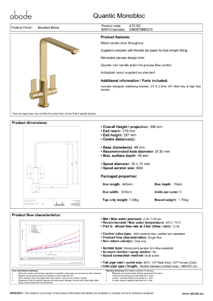 Quantic (Brushed Brass) Consumer Specification