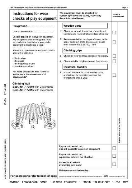 7.77010 - Climbing Wall - Maintenance Instructions