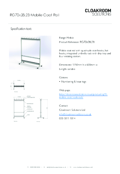 RG70x28.2B Mobile Coat Hook Rail & Umbrella Rack Specification Text