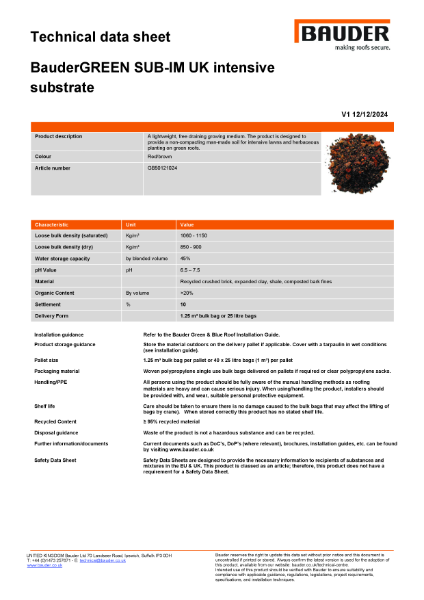 BauderGREEN SUB-IM UK Intensive Substrate - Technical Data Sheet