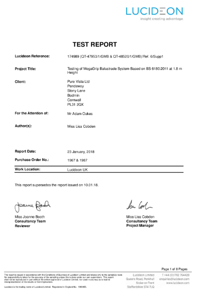 MEGAgrip Frameless Glass Partition Screen 1.5kn/mtr Test Report