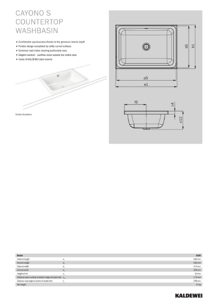 CAYONO S Countertop Washbasin Datasheet