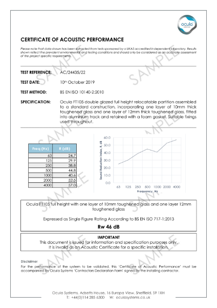 AC/24435/22 - Acoustic Performance - One Layer 10mm Toughened and One Layer of 12mm Toughened 46dB