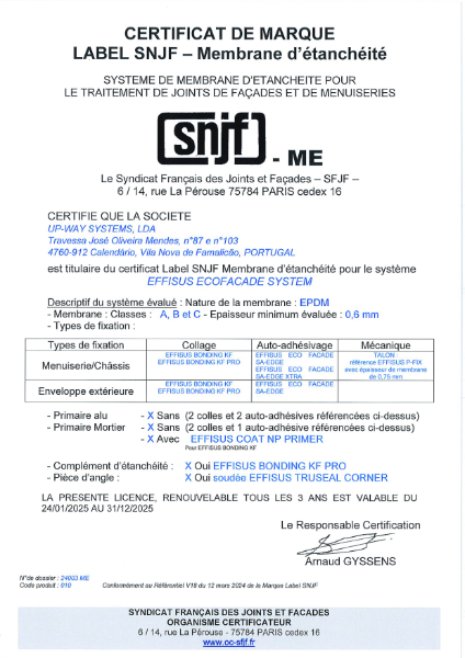 Effisus Ecofacade System SNJF Certificate