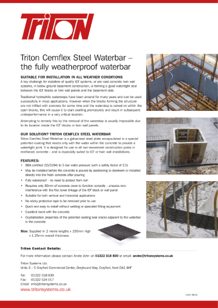 Triton Cemflex Steel Waterbar for Structural Waterproofing Data Sheet