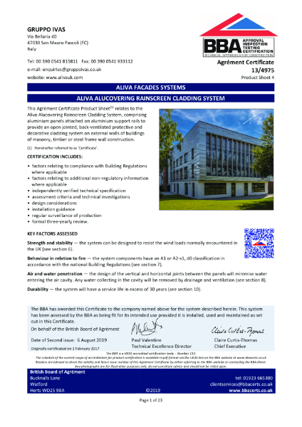 BBA 13/4975 Product Sheet 4 Aliva Alucovering rainscreen cladding system
