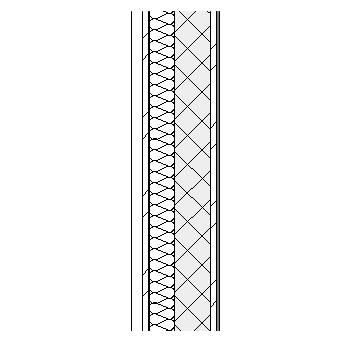 Natural stone panels with metal frame, weather barrier, insulation, concrete block and plasterboard lining on metal furrings