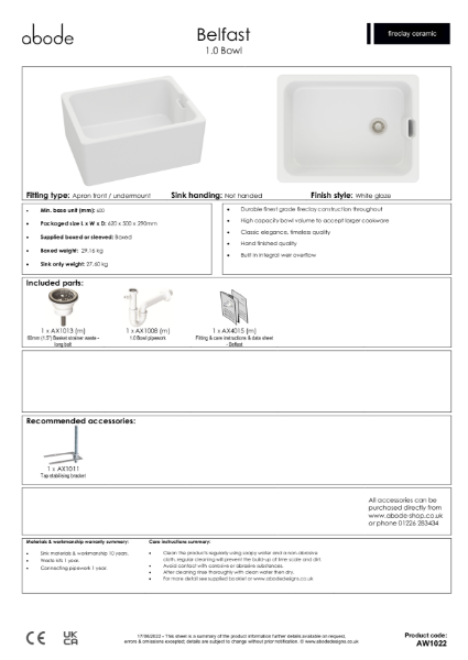 AW1022 Belfast. Ceramic Sit On Sink - Consumer Specification