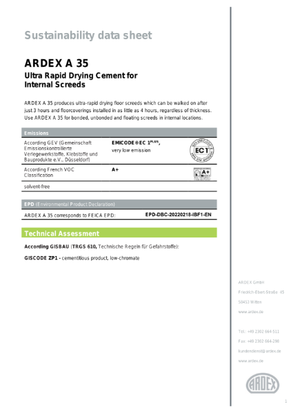 ARDEX A 35 Sustainability Data Sheet