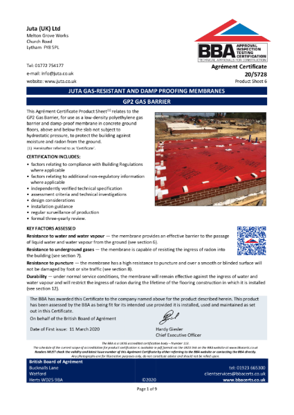 BBA Certificate 
JUTA GP2 High Performance DPM 
20/5728 - Product Sheet 6