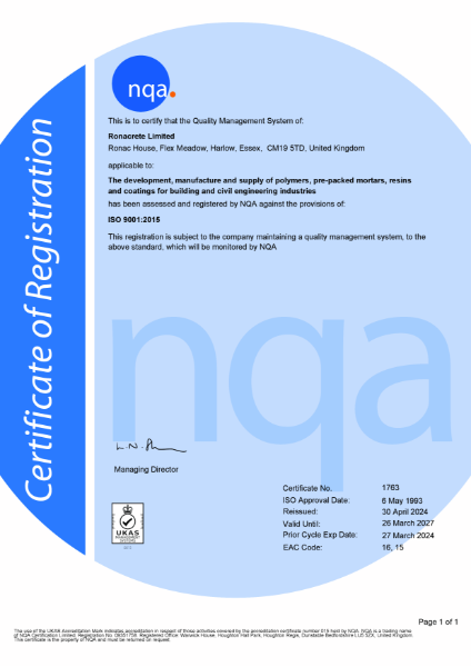 Ronacrete ISO 9001 certificate