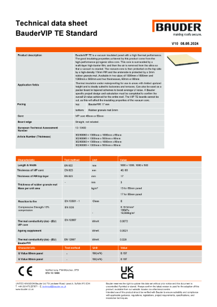 BauderPIR VIP TE - Technical Data Sheet