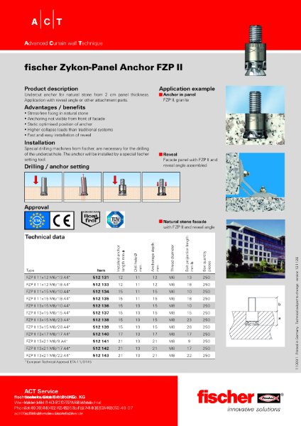 fischer Zykon-Panel Anchor FZP II datasheet