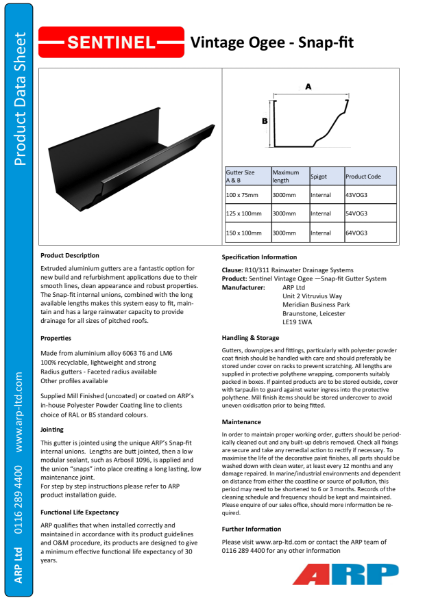 Sentinel Vintage Ogee Data Sheet