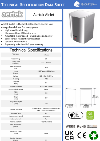 Aertek AirJet - Technical Specification Data Sheet