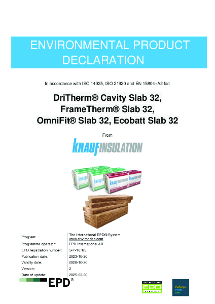 Knauf Insulation DriTherm® Cavity Slab 32, FrameTherm® Slab 32, OmniFit® Slab 32, Ecobatt Slab 32 EPD 