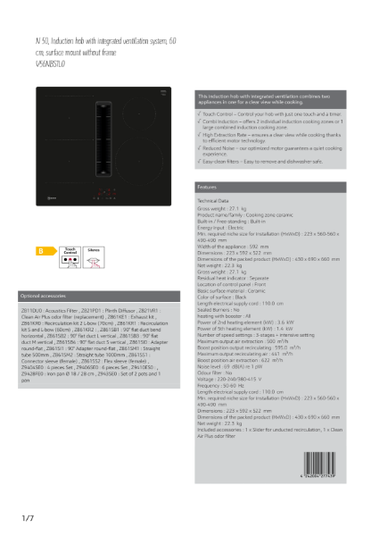 N 50, Induction hob with integrated ventilation system, 60
cm, surface mount without frame V56NBS1L0