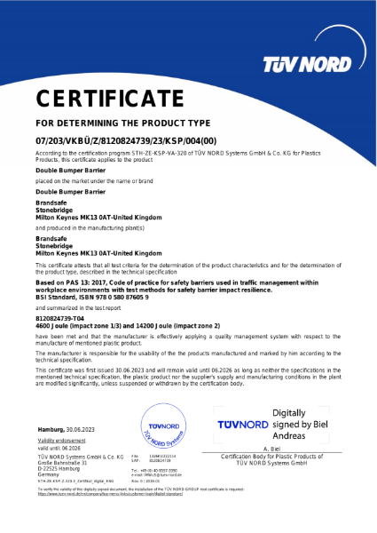 Double Bumper Barrier - PAS 13 Test Certificate - TÜV NORD