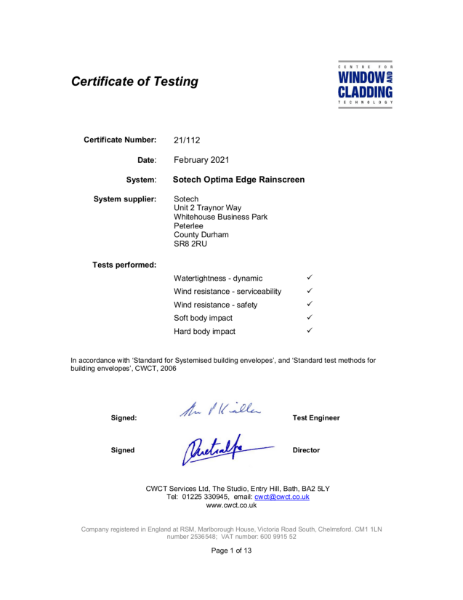 CWCT Certificate of Testing Optima Edge