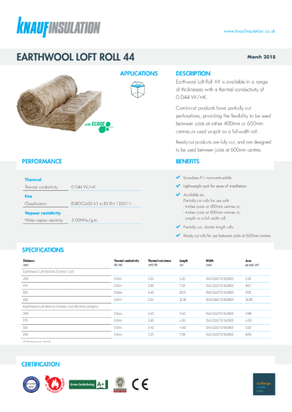 Knauf Insulation Loft Roll 44 Insulation Data Sheet