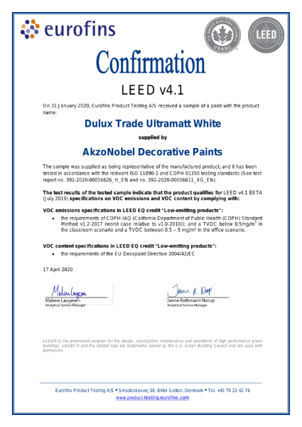 Dulux Trade Ultramatt LEED Attestation