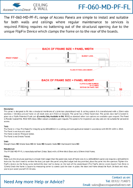 FlipFix 1hr Fire Rated Access Panel Datasheet