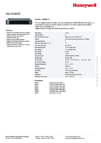 Product Sheet - Controller INC-DANTE - 585000.22