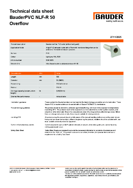 BauderPVC NLF-R 50 overflow - Technical Data Sheet