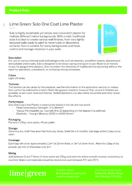 Solo Onecoat Lime Plaster Product Data Sheet