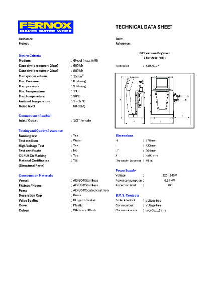 53000107 CA1 Vacuum Degasser 3 Bar Auto-Refill Data Sheet