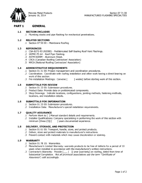 PRODUCT SPECIFICATION - PLUMBING STACKS FLAT - WELDED