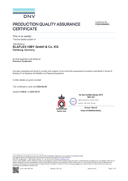 Elaflex Rubber Expansion Joint Quality Assurance Certificate 