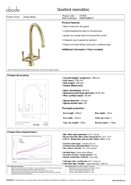 Gosford Monobloc in Antique Brass (AT1022) Consumer Specification