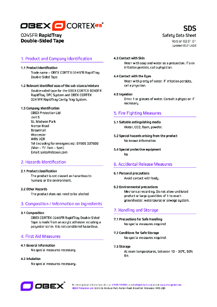 OBEX CORTEX 0245FR RapidTray Double-Sided Tape_SDS