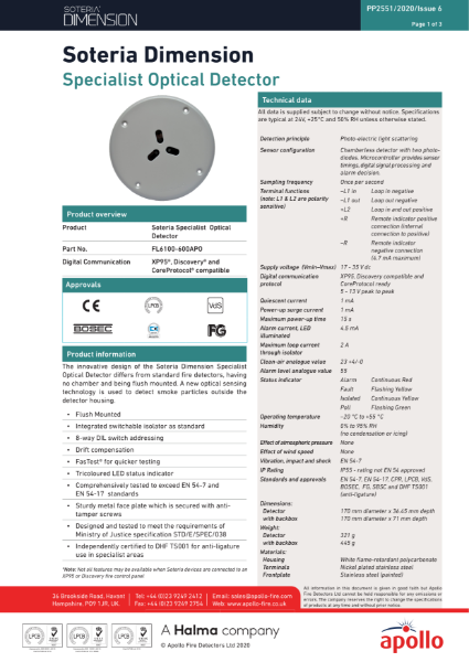Soteria Dimension Optical Smoke Detector - Specialist