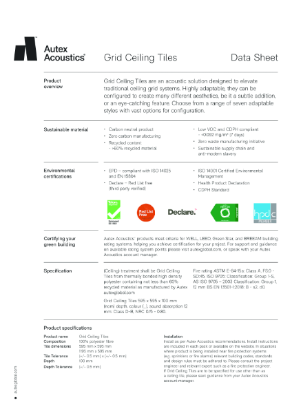 Grid Ceiling Tiles Data Sheet