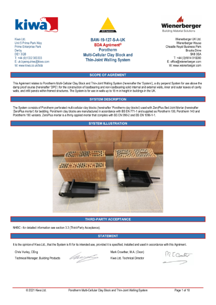 Porotherm KIWA Certificate BAW-19-127-S-A-UK