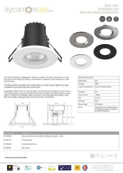 Specification Sheet for Riga Uno Dimmable IP65 Fire Rated LED Downlight